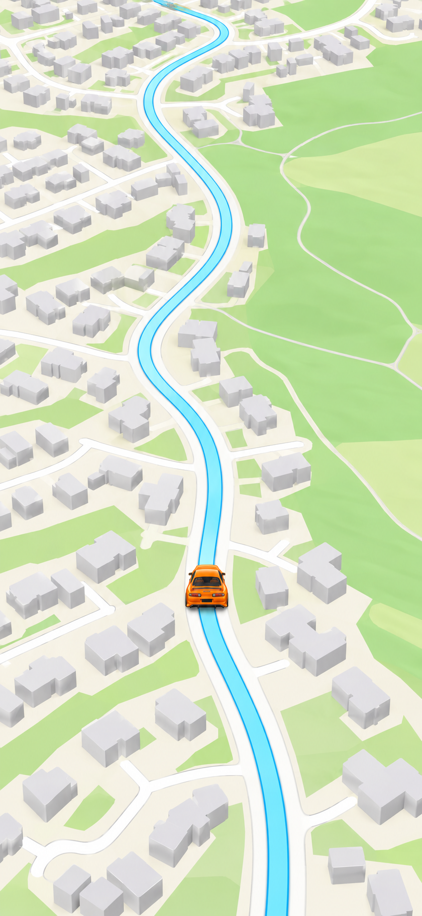 Illustrative navigation scene: an orange car following a cyan route along the road