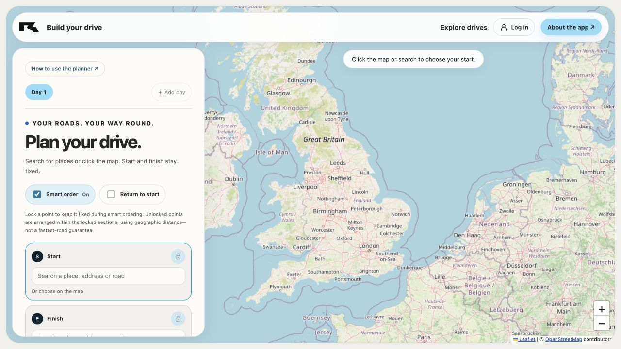 Remapped route builder with start and finish fields alongside the planning map