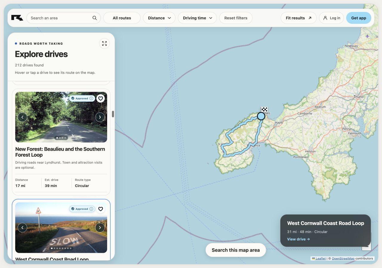 Remapped Explore showing a selected driving route on the map beside route photos